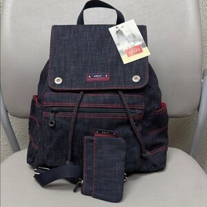 Vintage Relic Denim Backpack with Red Stitching and Matching Pouch